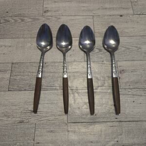 Vtg Set of 4 Teaspoons Interpur Canoe Hearts Stainless Brown Handle MCM Japan